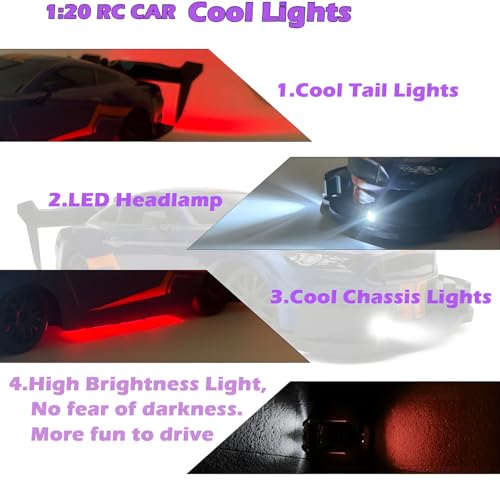 HTURCCOP 1:20 RC Drift Car 2.4GHz 4WD High Speed Drift Remote Control Cars Vehicle with LED Lights and Drifting Tires Batteries x2 Racing Sport Toy Cars for Boys Girls Kids (Purple) - color: Purple