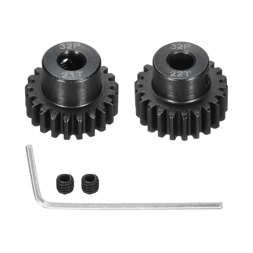 2Pcs 32P Steel Pinion Gear Set 21T 22T for 5mm Shaft Hardened Steel Pinion Gear with Screws and Hexagonal Wrench for RC