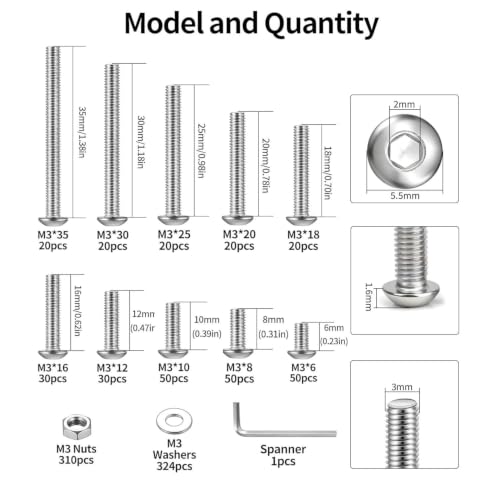 945 Pcs M3 Screws Assortment Kit, Metric Nuts and Bolts Assortment Kit, Hex Socket Button Head Cap Screw Bolts and Nuts Kits, Hex Socket Screw Set, Machine Screws Set, with Spanner(Silver) - size: M3