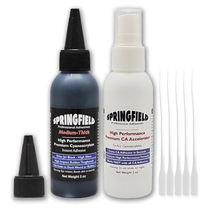 Black Rubber Toughened CA Glue with Premium Accelerator - 2oz Cyanoacrylate Super Glue - Medium-Thick 500 CPS Viscosity Adhesive Plus 2oz Instant Tack Spray by Springfield Speaker - color: Black Combo