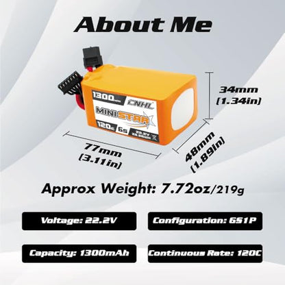 CNHL 1300mAh 6S Lipo Battery 22.2V 120C with XT60 Plug for FPV Racing RC Quadcopter Helicopter Airplane Drone(2 Packs)