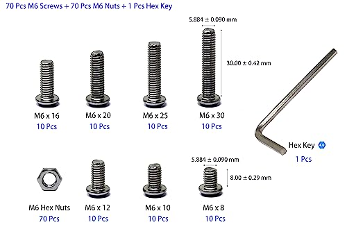 iexcell 140 Pcs M6 x 8/10/12/16/20/25/30 Stainless Steel 304 Hex Socket Button Head Cap Screws Bolts Nuts Assortment Kit - size: M6 x 8/10/12/16/20/25/30mm