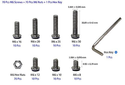 iexcell 140 Pcs M6 x 8/10/12/16/20/25/30 Stainless Steel 304 Hex Socket Button Head Cap Screws Bolts Nuts Assortment Kit - size: M6 x 8/10/12/16/20/25/30mm