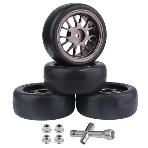 PreGlued Aluminum 12mm Hex Wheel Rims Metal and 2.56" Rubber Tires for 1/10 On-Road Touring Car RC Drift Car, Set of 4 (Edition B)