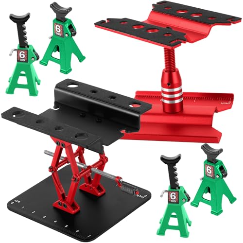 2-Pack RC Work Stand Bundle for 1/18 1/24 1/30 1/32 TRX4M K10 SCX24 FCX24 K5 AX24 SCX30 Ascent-32, 360° Rotating Display Stand & Height Adjustable Lift Table w/ 4 Pcs Jack Stands,Red & Black w/Green - color: Black&red&green(1set)