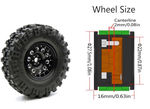 Rc 1.0 Beadlock Wheel Tires Set -2mm Offset Wheel Rims for 1/18 1/24 RC Crawler Car Axial SCX24 AX24 TRX4M FCX24 Upgrade TW1002 (Black) - color: Black