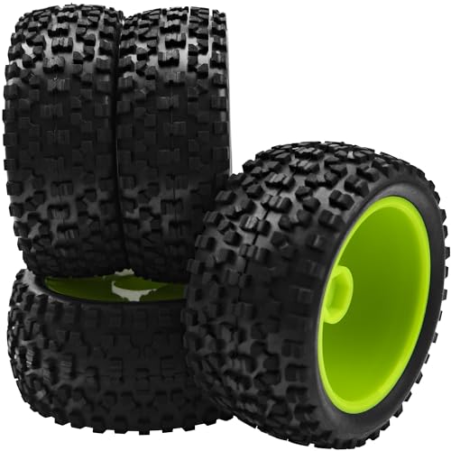4Pack HIRCQOO OD 88mm/3.46" Front and Rear Rubber Tire Tyre & Plastic Wheel Rims 12mm Hex Hub Compatible with Redcat HPI HSP ExceedRC Kyosho Losi 1/10 Scale Off Road Buggy (Green) - color: Green