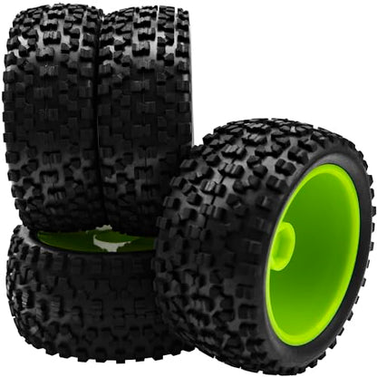 4Pack HIRCQOO OD 88mm/3.46" Front and Rear Rubber Tire Tyre & Plastic Wheel Rims 12mm Hex Hub Compatible with Redcat HPI HSP ExceedRC Kyosho Losi 1/10 Scale Off Road Buggy (Green) - color: Green