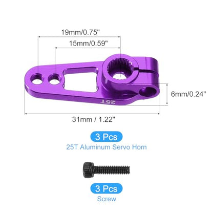 MECCANIXITY 3 Pcs Aluminum Alloy 25T Steering Servo Arm Horn for DIY RC Car/Boat/Airplane Boat Accessories, 31mm Purple - color: Purple
