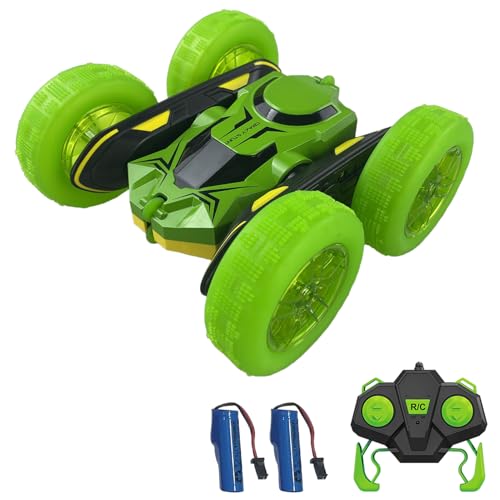 Remote Control Car, RC Stunt Car, 2.4GHz 4WD RC Cars with LED Lights, Double-Sided Driving, 360° Flips Rotating, 2 Rechargeable Batteries (Green) - color: Green, size: 2 Batteries