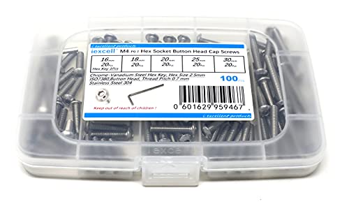 iexcell 100 Pcs M4 x 16/18/20/25/30 Stainless Steel 304 Hex Socket Button Head Cap Screws Bolts Assortment Kit - size: M4 x 16/18/20/25/30mm