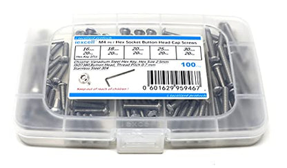 iexcell 100 Pcs M4 x 16/18/20/25/30 Stainless Steel 304 Hex Socket Button Head Cap Screws Bolts Assortment Kit - size: M4 x 16/18/20/25/30mm
