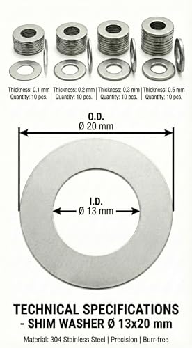 14x20mm Shim Washers Kit M14x20 Stainless Steel 40pc 0.1-0.5mm | 20mm OD, fits M14 bolts and shafts. DIN 988 deburred ultra thin shims for bearing, spacer and engine setup work - size: 14x20
