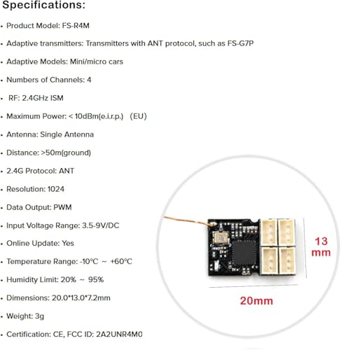 Flysky FS-R4M 4CH Receiver 2.4GHz ANT for FS‑G7P, FS‑ST8 | ANT Protocol with PWM Output. Single Antenna for Stable Signal. Two‑way Transmission. Compact & Lightweight