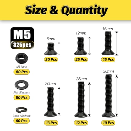 KADRICK 325Pcs M5 Countersunk Screw Kit,M5 Flat Head Bolts Nuts Washers | M5 Flat Phillips Head Screw Kit,Black Zinc Plated,Length of 8MM-30MM - size: M5 325Pcs 8-30mm