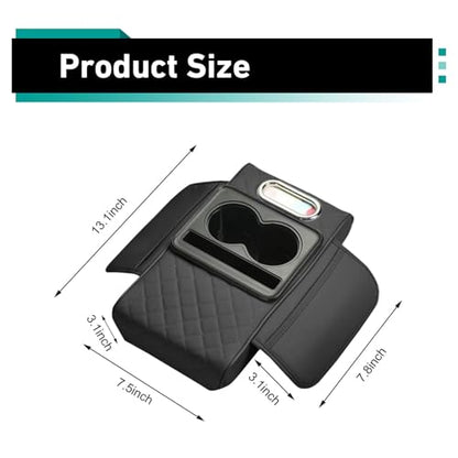 Car Arm Rest Cover Pad, Multi-Functional Center Armrest Box Height Increasing Pad with 2 Cup Holder, Tissue Box, Phone Storage Slot, 2 Storage Bags, Universal for Car Organizer (Black)