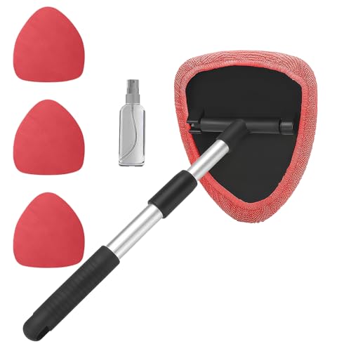 Car Window Cleaner, Car Cleanser Brush, Car Accessories Car Cleaning Supplies Tools, Car Cleaning Kit with Extendable Handle, Microfiber Cloth, Spray Bottle, Fits All Cars (Red) - color: Red