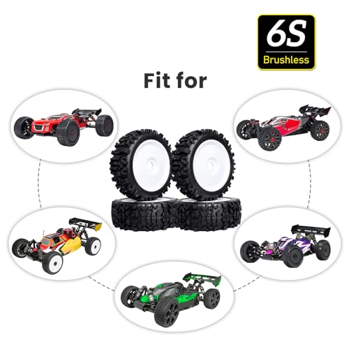 PreGlued 1/8 Buggy Tires 17mm Wheels Foam Inserts w/ 17mm Wheel Wrench for Arrma Typhon 3S 6S Losi HPI Redcat Racing Models, Set of 4 (White Rims) - color: White Rims