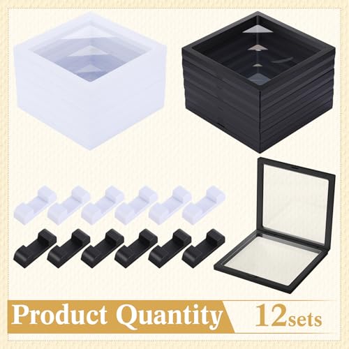 Harloon 12 Pcs 3D Floating Display Case Floating Frame Display Holder Stand Challenge Coin Jewelry Frame Box for AA Medallions Fossil Rock Gemstones Specimen(Black White,7 x 7 x 0.8 Inch,Square Base) - color: Black White, size: 7 x 7 x 0.8 Inch, style: Sq