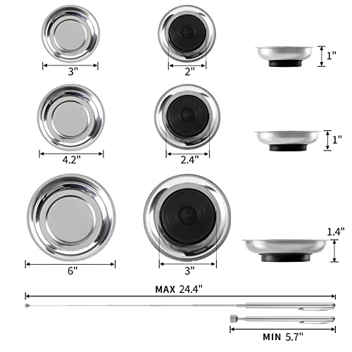 3 Pieces Magnetic Tool Trays with 5LBs Telescoping Magnetic Pick-up Tool Set, 3" 4" 6" Stainless Steel Magnet Tray Parts Holder for Screws, Mechanic's - size: 3" 4" 6"+5LB Pickup