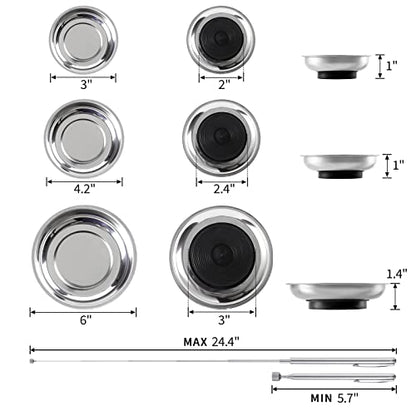 3 Pieces Magnetic Tool Trays with 5LBs Telescoping Magnetic Pick-up Tool Set, 3" 4" 6" Stainless Steel Magnet Tray Parts Holder for Screws, Mechanic's - size: 3" 4" 6"+5LB Pickup