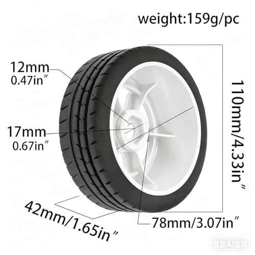 110mm OD 1/8 1/7 RC On Road Tires & Wheels 6-Spoke Rally Racing Wheels 17mm Hex for 1:8 1:7 Street Touring Drift Truck Car ARRMA Losi Kyosho VRX GT2 W10 Felony 6S BLX HPI WR8 4PCS (White) - color: White