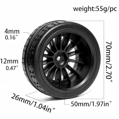 OD 70mm 1/10 RC Rally Racing Street Tires and Hard Plastic Wheels 12mm Hex for MJXRC 10304 Tamiya TT01 TT02 XV02 XV01 TA06 HPI KYOSHO PTG2 1:10 Scale On Road Drift Touring Car 4PCS (Black) - color: Black