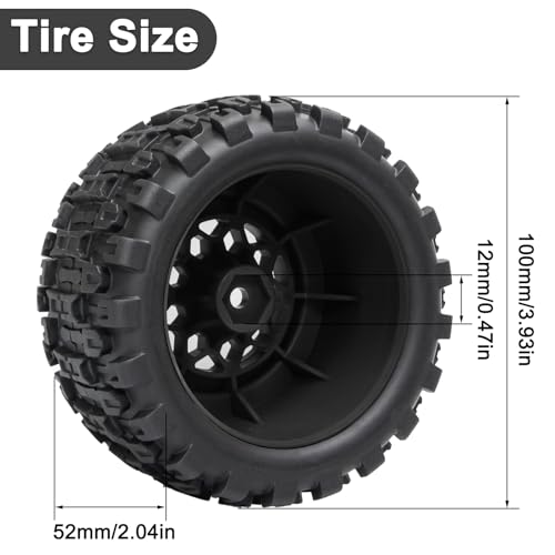 LRFHL 12mm Hex RC Wheel Tires 4PCS | for 1/16 Traxxas Mini Maxx 107154-1 Mini XRT VXL 108076-1 E-Revo Mini XRT MJX 16207 16210 HSP 94186 LOSI 1/18 Mini LMT - color: Black Tires+ Black Hex Wheel-1
