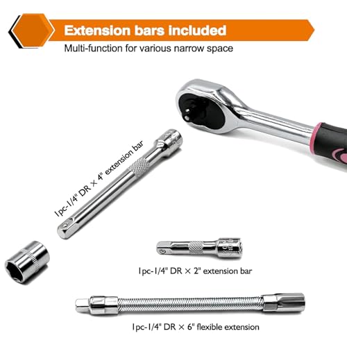 Egofine 46 Pieces 1/4 inch Drive Socket Ratchet Wrench Set, with Bit Socket Set Metric and Extension Bar for Auto Repairing and Household, with Pink Storage Case - style: 1/4" 46 PCS-Pink