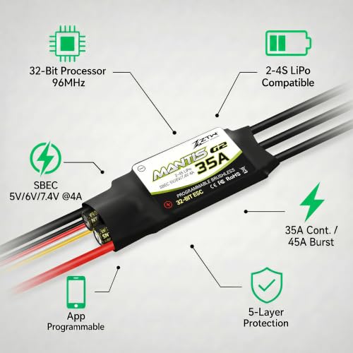 ZTW Mantis G2 35A ESC 2-4S Built-in Switching BEC 5V/6V/7.4V Adjustable 4A Brushless Speed Controller for RC Airplane Aircraft Fixed-Wing