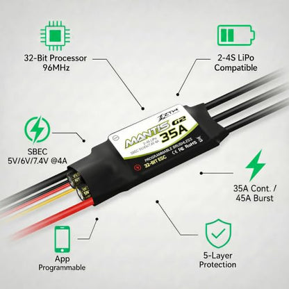ZTW Mantis G2 35A ESC 2-4S Built-in Switching BEC 5V/6V/7.4V Adjustable 4A Brushless Speed Controller for RC Airplane Aircraft Fixed-Wing
