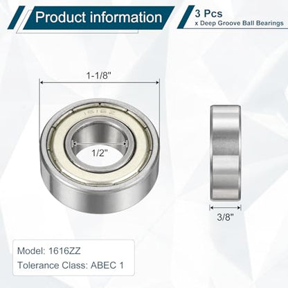 uxcell 3 Pcs 1616ZZ Deep Groove Ball Bearing 1/2" x 1-1/8" x 3/8" Double Metal Sealed, Chrome Steel Bearings - size: 1616ZZ 1/2" x 1-1/8" x 3/8"