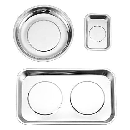 Mayouko 3PCS Magnetic Parts Tray Set, Stainless Steel Dish Holder, for Screw, Nuts, Bolts, Small Parts, Round Rectangular Magnetic Parts Dish - color: Mini, Round & Rectangular Tray Set