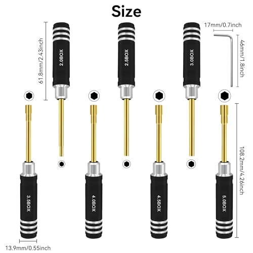 RC Nut Driver Set - Hex Nut Screwdriver Set 2.0mm 2.5mm 3.0mm 3.5mm 4.0mm 4.5mm 5.0mm RC Car Repair Tool Kit for Axial SCX24 Wheel Fixing RC Models Car Boat Helicopter 7Pcs Black