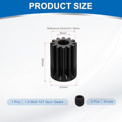 uxcell 1.5 Mod 12T Spur Gear 8mm Bore, 1045 Steel Pinion Gear Black Surface Treatment, 20°Pressure Angle, for Spur Rack and RC Model Car or Motor DIY - size: 1.5 Mod 12T, 8mm