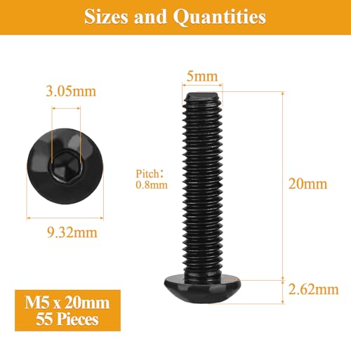 55 Pieces M5 x 20mm Button Head Socket Cap Screws, Thread Pitch 0.8mm, Sutemribor M5 Black Screws, 10.9 Grade Alloy Steel, Black Oxide Finish, Fully Threaded - size: M5 x 20mm, style: Button Head
