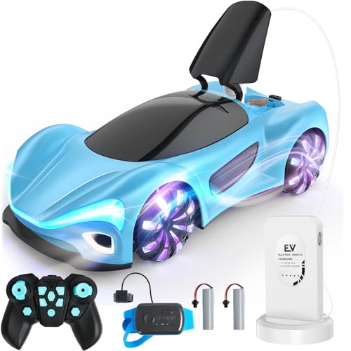 SIMREX Gesture Sensing Remote Control Car with Charging Dock - 360° Rotate Drift RC Stunt Car Toy, 40 Min Playtime, Dual Control, Spray Mist & LED Lights, Birthday Gift for Kids Boys Girls（Blue） - color: Blue