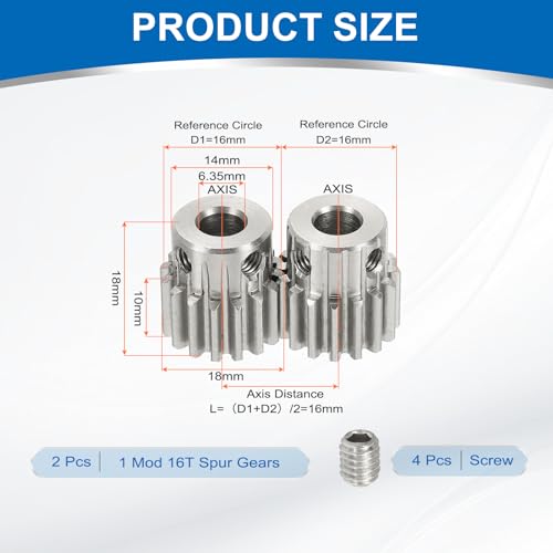 uxcell 2Pcs 1 Mod 16T Spur Gear 6.35mm Bore, 304 Stainless Steel Pinion Gear, 20°Pressure Angle, for Spur Rack and RC Model Car or Motor DIY(14mm) - size: 1 Mod 16T, 6.35mm x 14mm