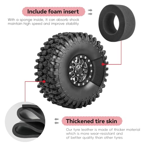 High-Grip Aluminum 1.9 Beadlock Wheels and Tires Set Combo All-Terrain for Traxxas TRX-4 Axial SCX10 Capra RC4WD Redcat Gen8 1/10 Scale RC Crawler - color: Black Rims