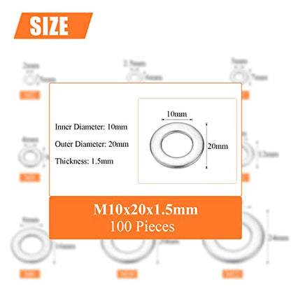 HELIFOUNER 100 Pieces M10 Flat Washers, 304 Stainless Steel, Inner Diameter 10mm, Outer Diameter 20mm, Thickness 1.5mm, Fender Washers, Metal Washers for Screws Bolts - size: M10