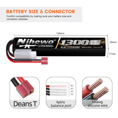Airsoft Battery 11.1V 1300mAh 20C T Plug 2pcs for Airsoft Gun/Rifle | 11.1V Lipo Battery Airsoft 3S 1300mAh 20C Rechargeable Soft Case Lipo Battery with Dean T Plug for AEG Airsoft Guns/Rifles