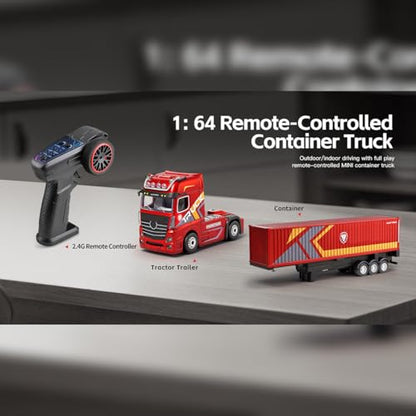 1/64 Scale 4WD RC Container Truck, 2.4GHz Proportional Semi Trailer RTR/Red | ABS Construction, Independent Trailer Control, Light & Sound, Collectors and Hobbyists, Indoor Display, Racing Wheels Include