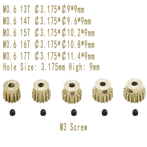 M0.6 Pinion Gear Set 3.175mm 13T 14T 15T 16T 17T 5PCS 7075 Aluminum Alloy Metal Pinion Motor Gear for 1/10 RC Car Brushed Brushless Motor (5PCS)… - size: 0.6M-P-13-17T