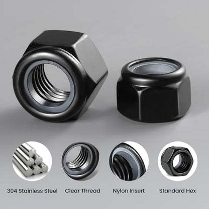 100Pcs #10-24 Lock Nuts, Nylon Insert Locknuts 304 Stainless Steel 18-8 SS Black Zinc Plated Self-Locking Nuts, Coarse Thread Hex Nylock Nut - size: #10-24