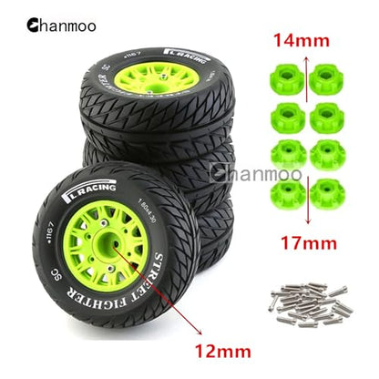 1/10 RC Short Course Truck Tires And Wheels With 12mm 14mm 17mm Hex 113mm 1/8 Rubber Tyres For 1/8 or 1/10 Scale On Road Car HSP Sonic 94102 GT PTG-2 Tamiya TT02 RC Racing Car 4PCS (Green B) - color: Green B