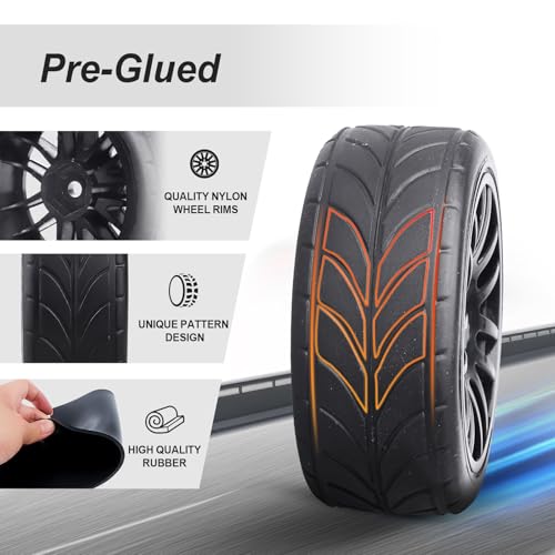 HobbyPark Glued 1/10 On-Road RC Touring Tires and Wheels Set for 1/18 Traxxas Latrax Teton 4 Tec 2.0 3.0 Tamiya TT02 TT01 Brushless (4-Pack) (Color A) - color: Color a