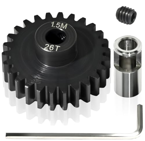 M1.5 26T Pinion Gear 8mm Bore with 8mm to 5mm Shaft Adapter Sleeve, Chromium Steel Motor Gear with Set Screw & Hex Key for Traxxas ARRMA Losi 1/5 1/8 RC Cars - size: 26T