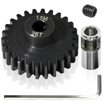 M1.5 26T Pinion Gear 8mm Bore with 8mm to 5mm Shaft Adapter Sleeve, Chromium Steel Motor Gear with Set Screw & Hex Key for Traxxas ARRMA Losi 1/5 1/8 RC Cars - size: 26T
