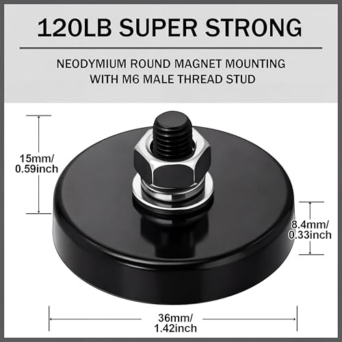 Flutesan 4 Pieces Heavy Duty Round Mounting Magnet with Bolt 1.42in-120lb-m6 Black with Male Thread Stud Strong Earth Magnet Super Powerful for Lighting Camera Brackets License Plate - color: Black, size: 1.42in-90lb-M6