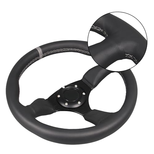 350mm Gray Stripe Racing Steering Wheel Black Genuine Leather Grip 6 Bolts Sport Steering Wheel with Horn Button Gray Stitching - color: Gray Stripe